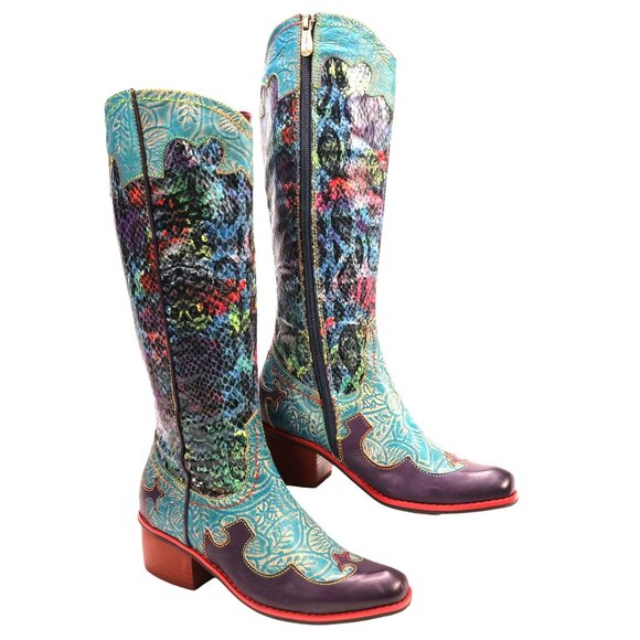L'Artiste Spring Step Rodeo Women 5 Turquoise Leather Snake Zipper Western Boots - Picture 11 of 16